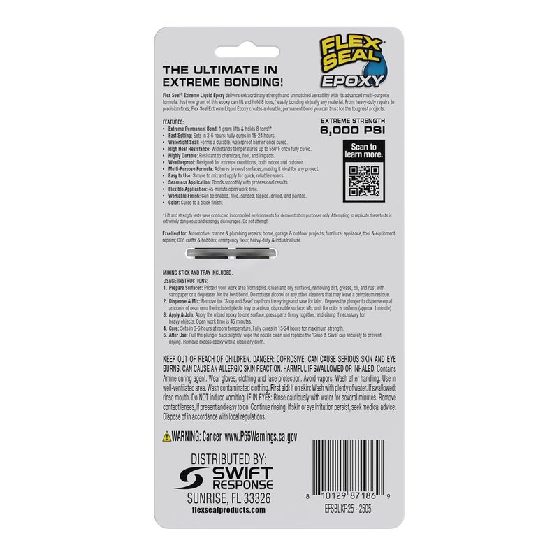 Flex Seal إيبوكسي، سائل شديد، متعدد الاستخدامات، متين، دائم، محكم، رابطة تدوم طويلاً، للإصلاحات في السيارات، البحرية، السباكة، المنزل، والأدوات، يجف باللون الأسود، 0.85 أونصة (25 مل) حقنة - Image 2